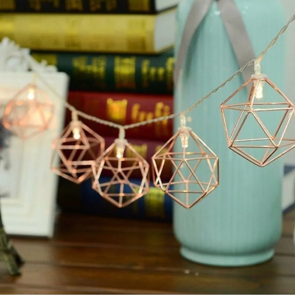 Metal String Lights, 10ft 20LED Rose Gold Metal Geometric Lights Battery Powered